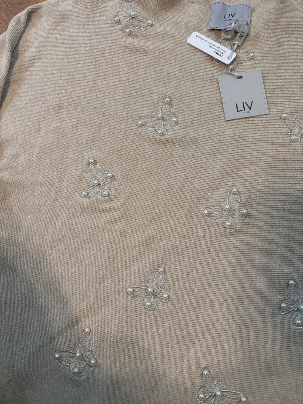 Liv Milano Heather Oatmeal Crewneck Sweater with Beaded Butterflies - Picture 4 of 9